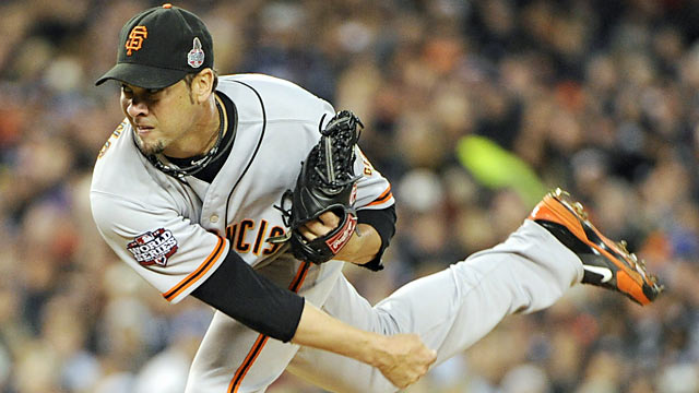 Ryan Vogelsong pitches 5 2/3 shutout innings and picks up the 2-0 win in Game 3.  (Courtesy of US Presswire)